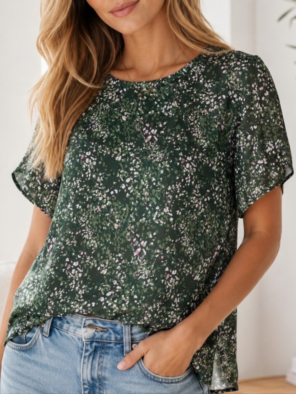 Banana Republic Floral Print Blouse M Green Pink Sheer Side Slit Top